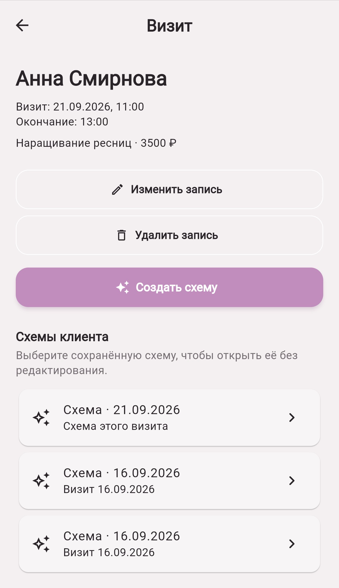 Экран визита: клиент, время, услуга, создание новой схемы и история сохранённых схем